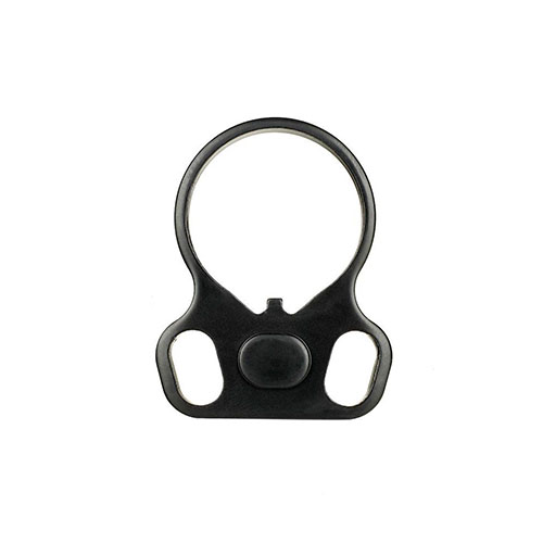 AR-15 End Plate with two-sided Sling Adapter offers ambidextrous mounting, durable steel construction, and flexibility for left or right-handed users.